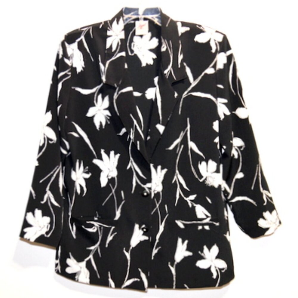 GW Division of Graff Women’s Black Floral, ¾ Sleeve, Collared, V - Neck –Size 14